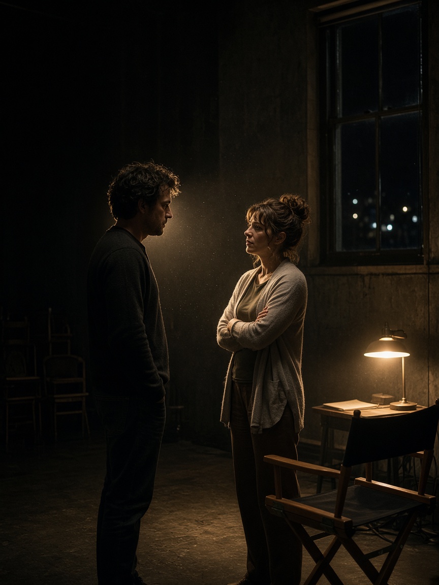Two people standing in a pool of light during a night rehearsal.