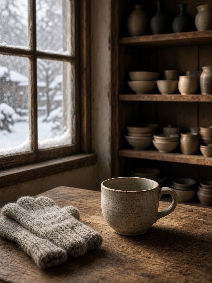 A handmade cup and wool gloves on a table, snow outside the shop window.